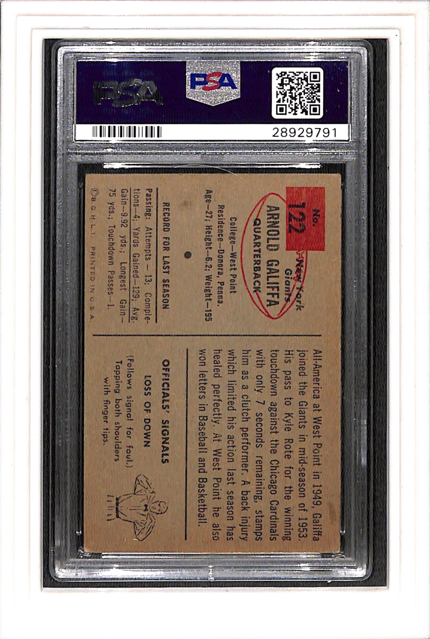 1954 Bowman #122 Arnold Galiffa PSA 5 SN 28929791