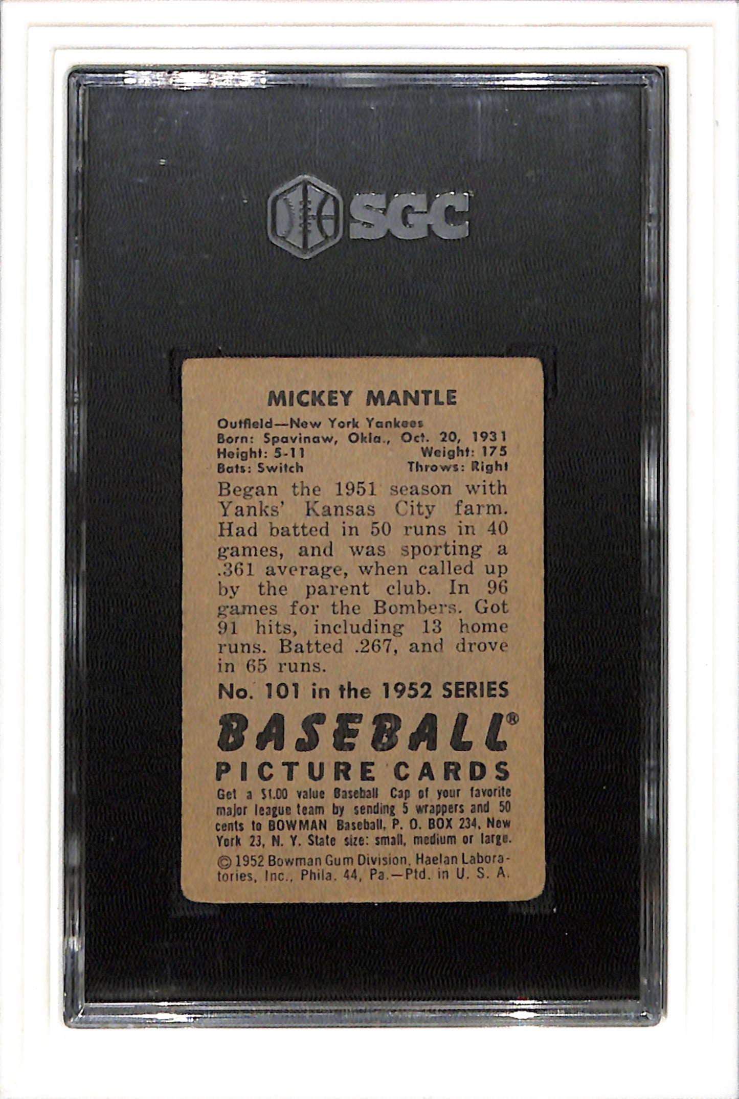1952 Bowman #101 Mickey Mantle SGC 3.5 SN 8399061