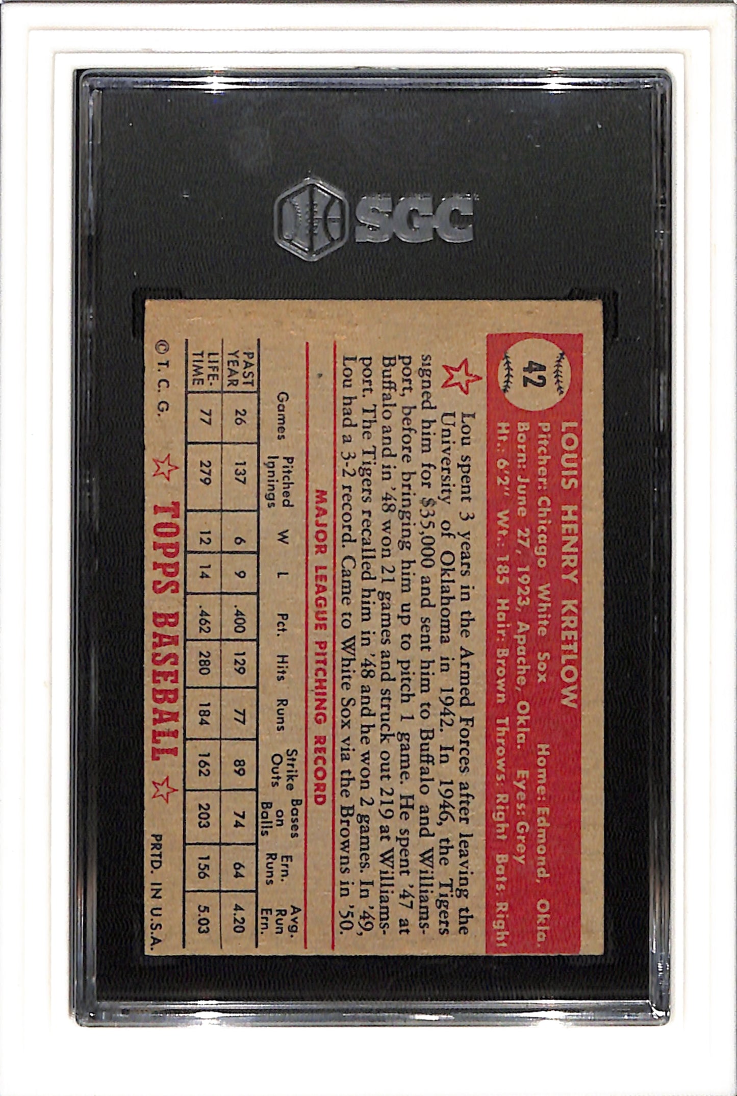 1952 Topps #42 Lou Kretlow SGC 4 SN 7719069