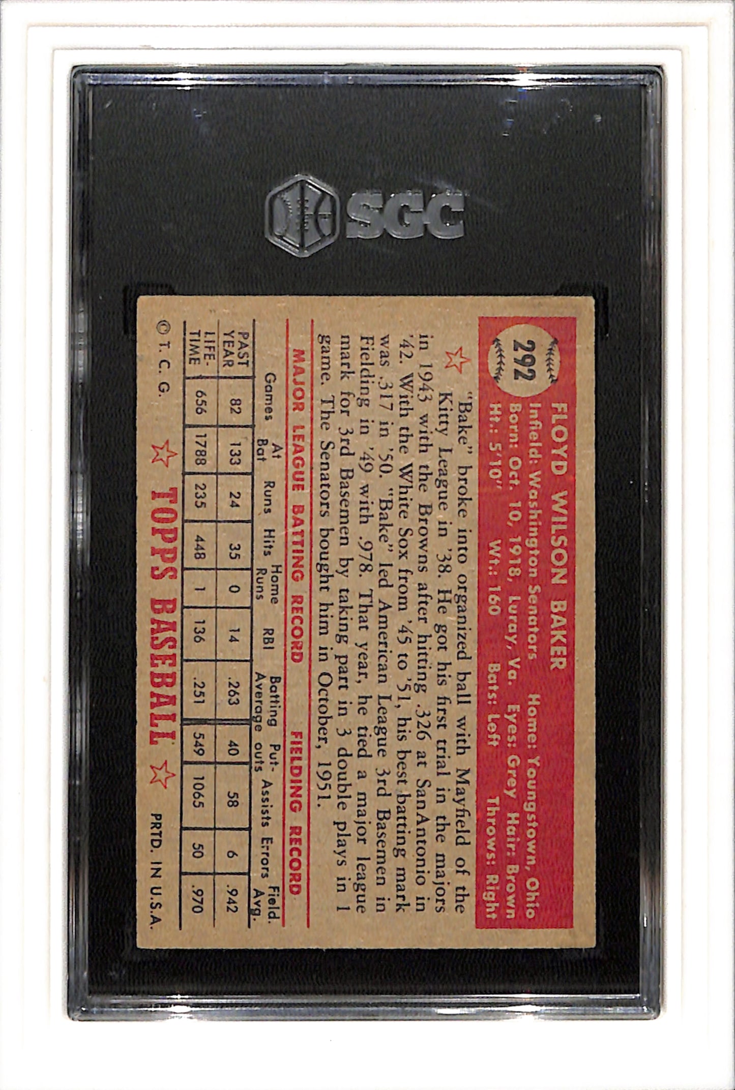 1952 Topps #292 Floyd Baker SGC 2.5 SN 1997821