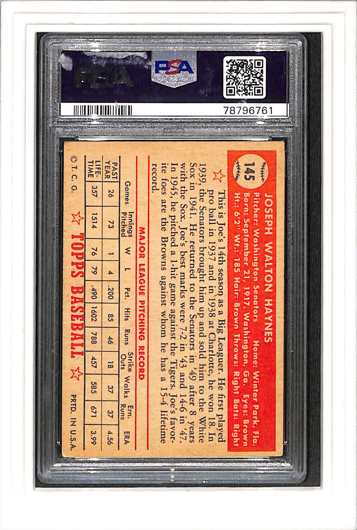 1952 Topps #145 Joe Haynes PSA 3 SN 78796761