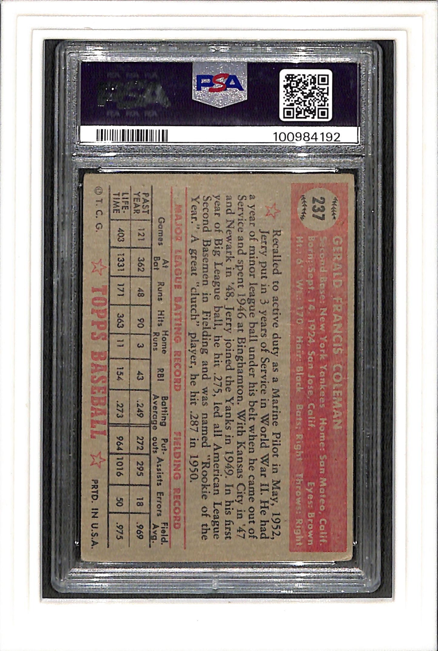 1952 Topps #237 Jerry Coleman PSA 3 SN 100984192