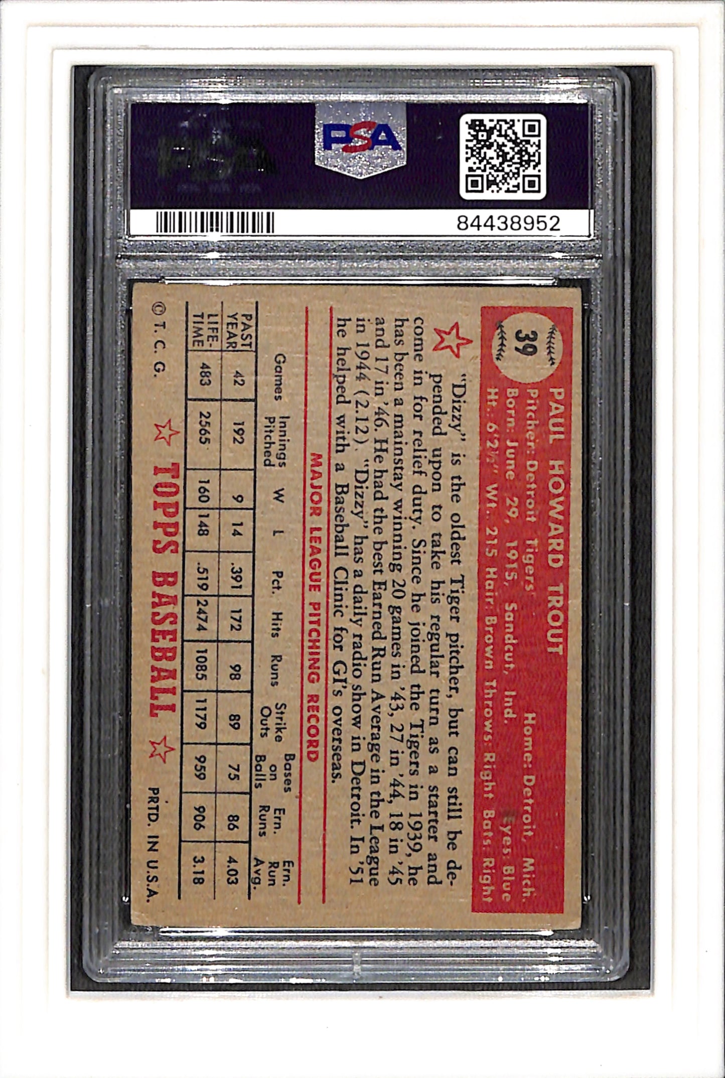 1952 Topps #39 Dizzy Trout PSA 3 SN 84438952