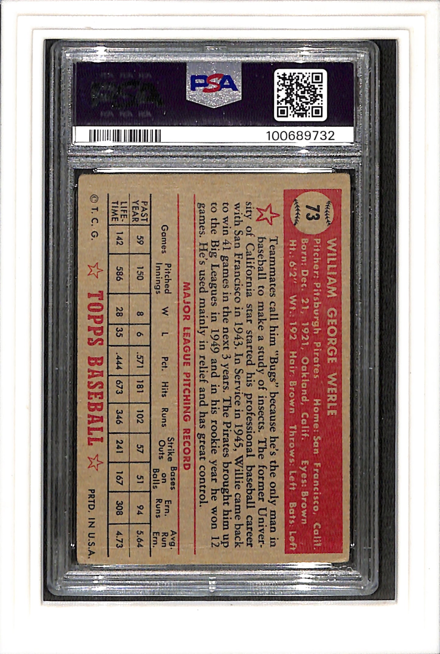 1952 Topps #73 William Werle PSA 3 SN 100689732