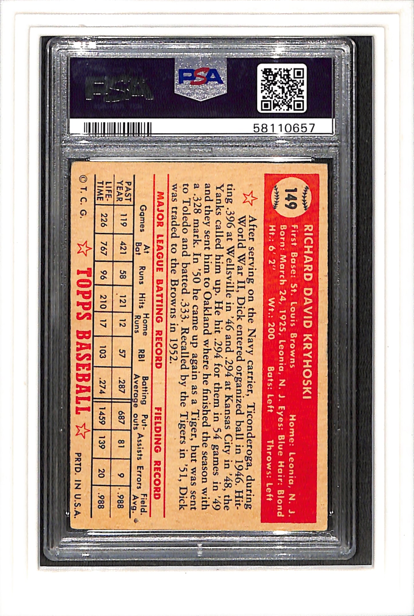 1952 Topps #149 Dick Kryhoski PSA 3 SN 58110657