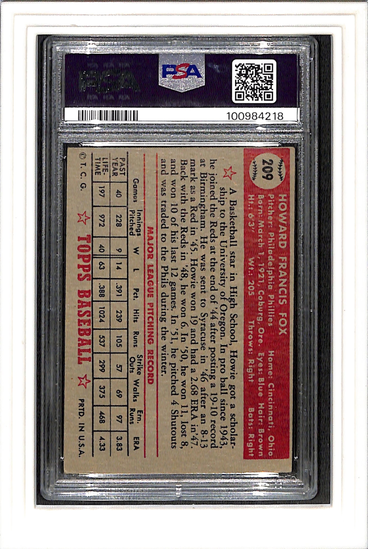 1952 Topps #209 Howie Fox PSA 3 SN 100984218