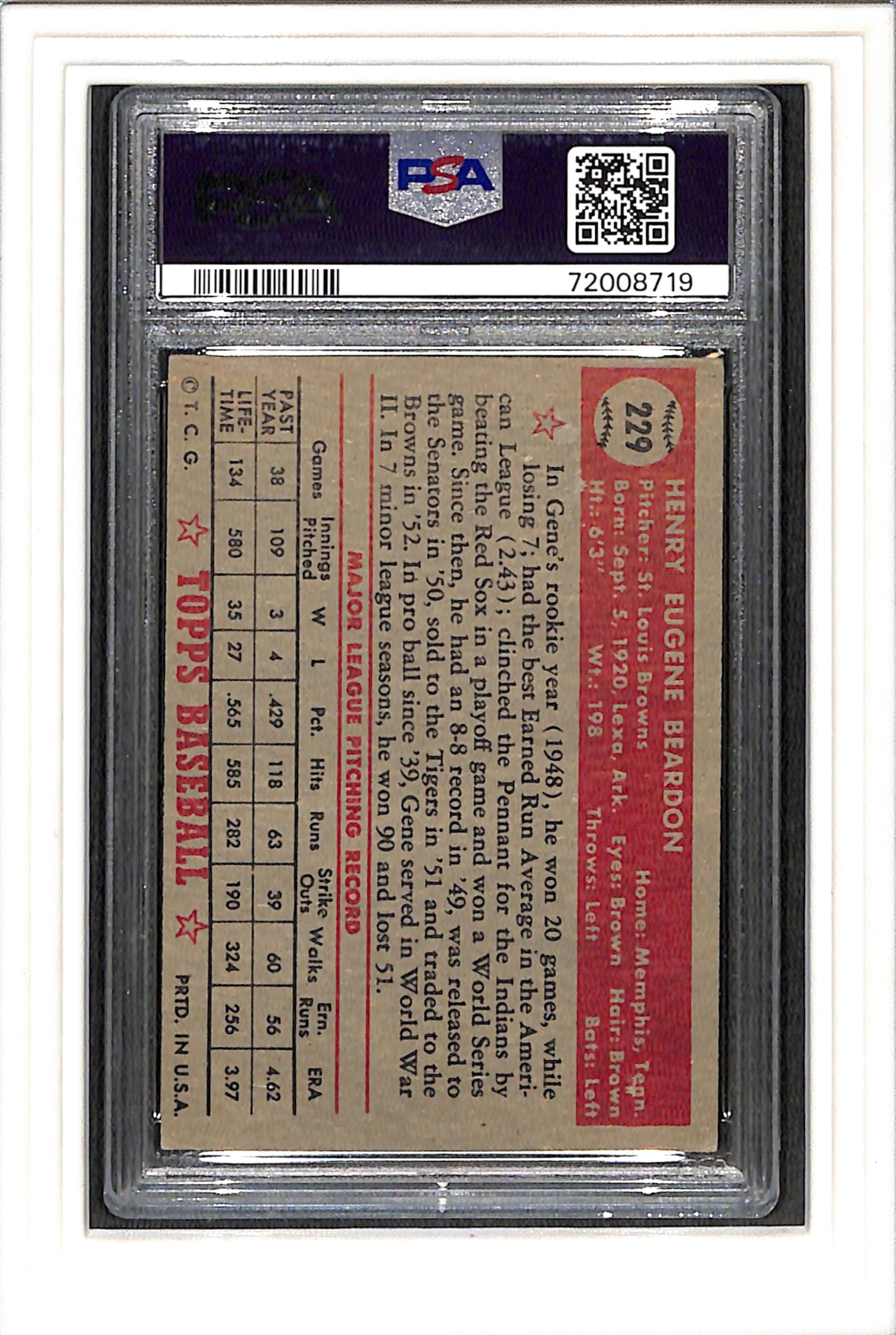 1952 Topps #229 Gene Beardeon PSA 4 SN 72008719