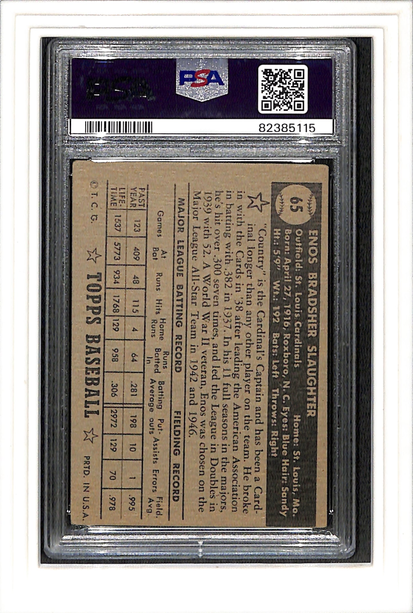 1952 Topps #65 Enos Slaughter Black Back PSA 3 SN 82385115