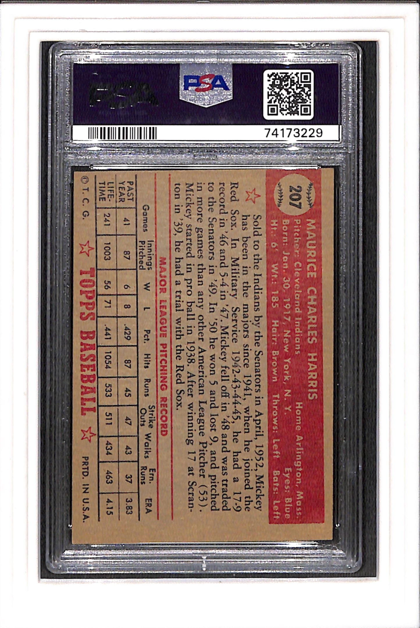 1952 Topps #207 Mickey Harris PSA 5 SN 74173229