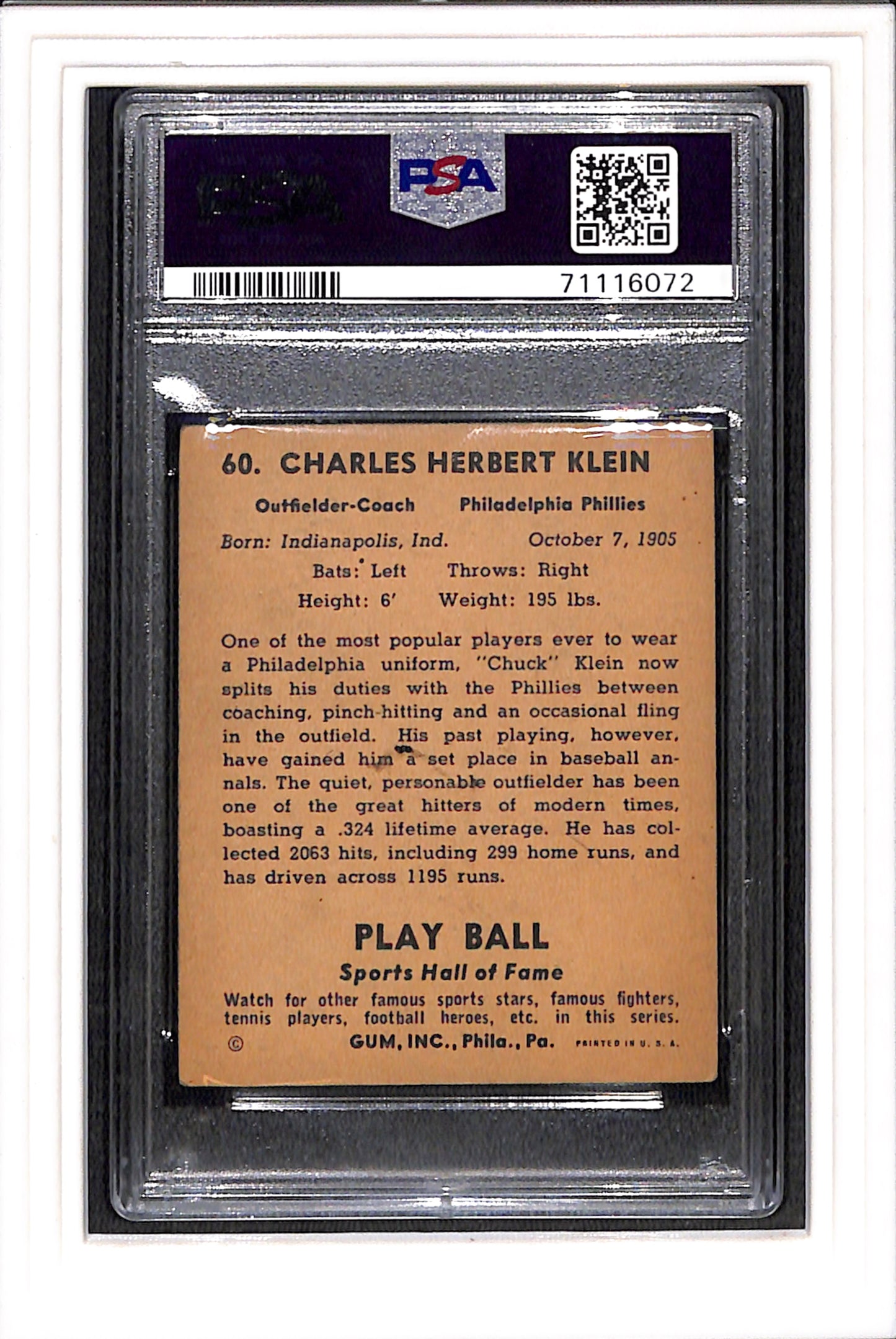 1941 Play Ball #60 Chuck Klein PSA 2 SN 71116072