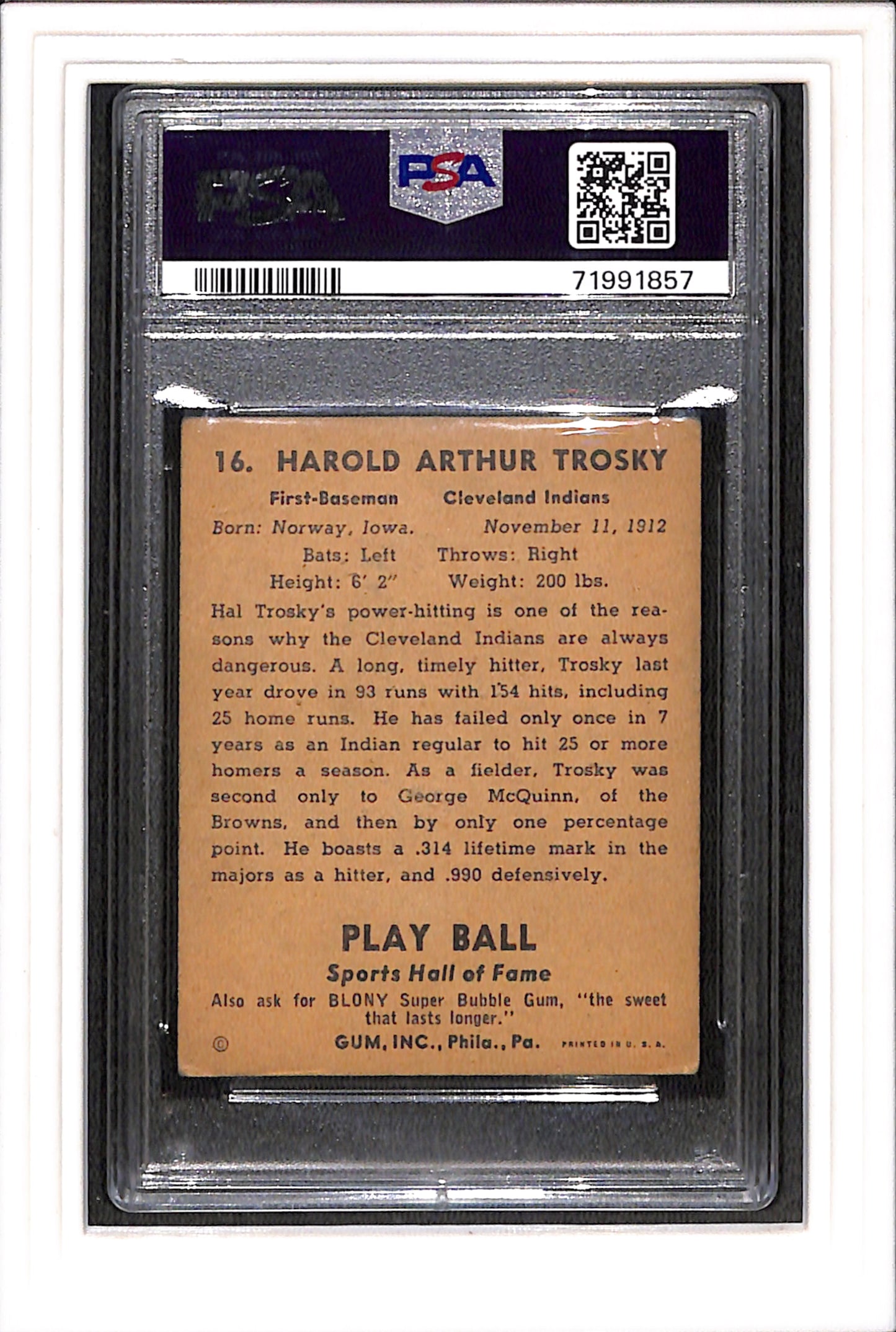 1941 Play Ball #16 Hal Trosky PSA 3 SN 71991857