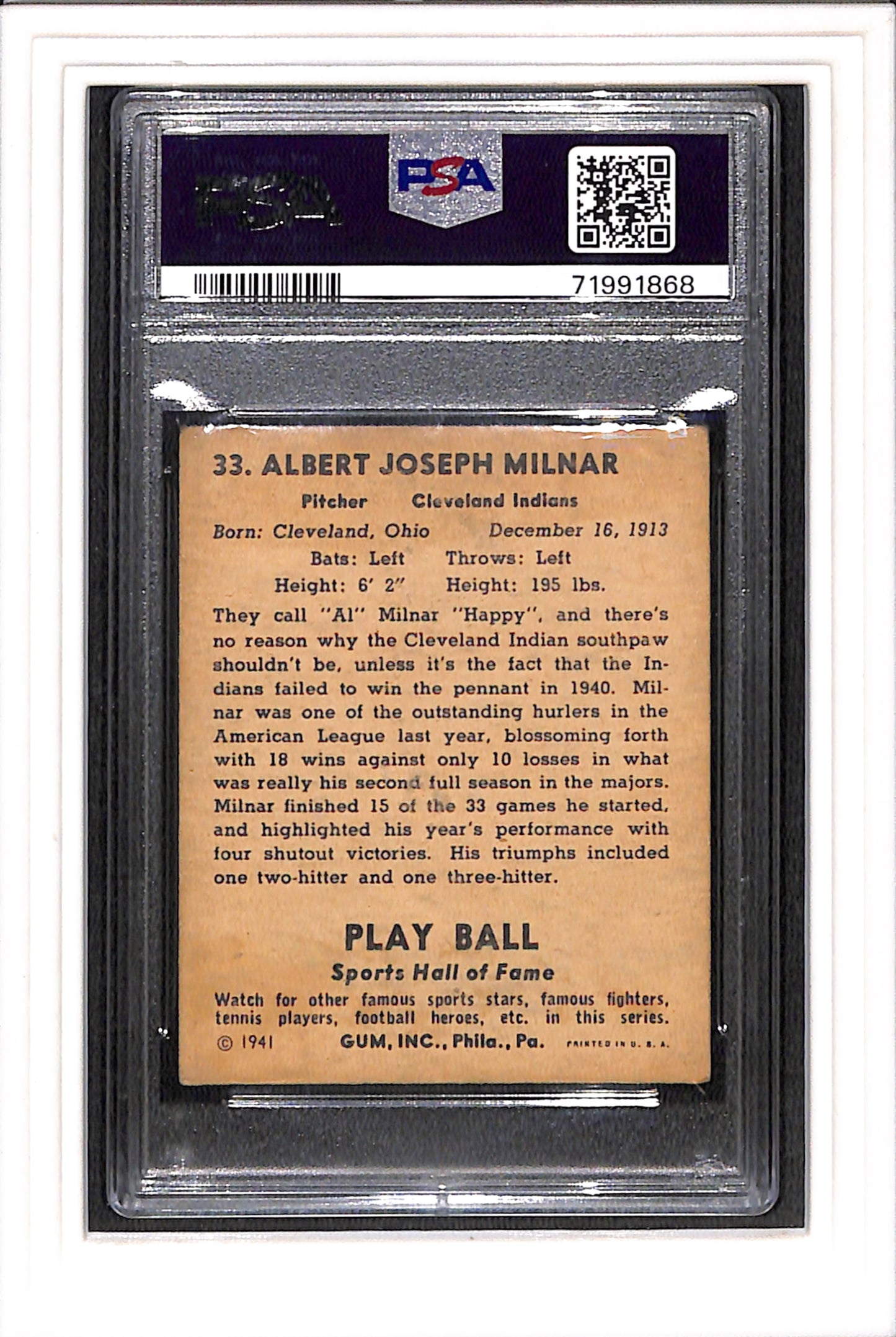 1941 Play Ball #33 Happy Milnar PSA 4 SN 71991868