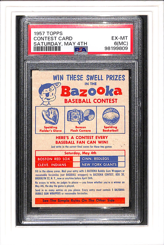 1957 Topps Contest Card Saturday, May 4th PSA 6 MC SN 98199809