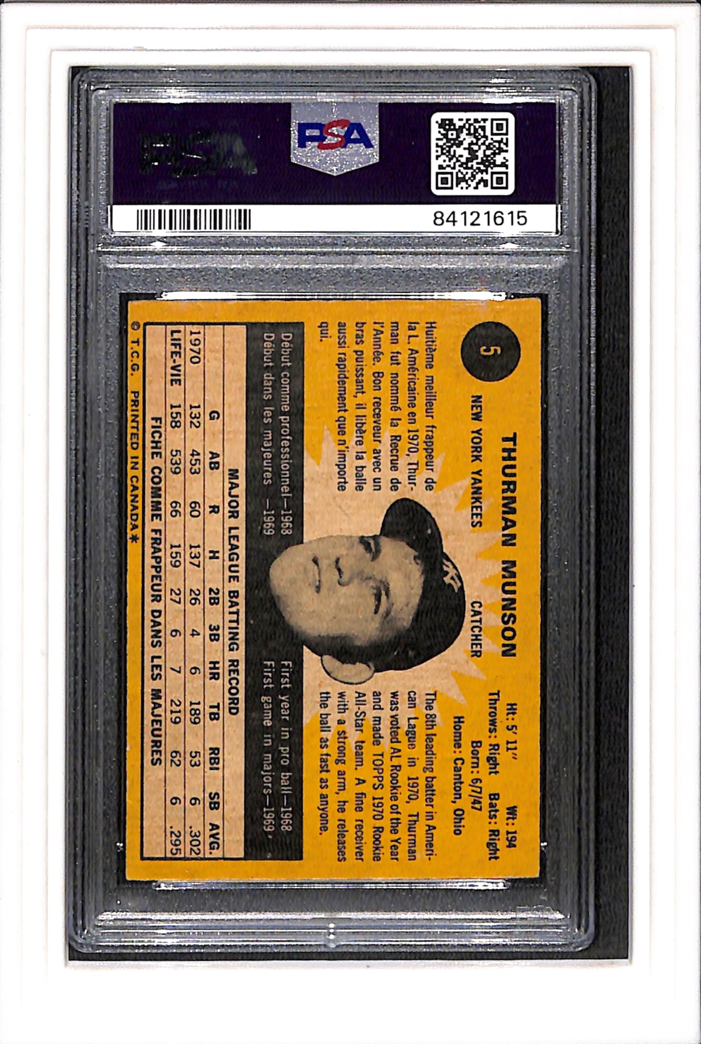 1971 O-Pee-Chee #5 Thurman Munson PSA 4 SN 84121615