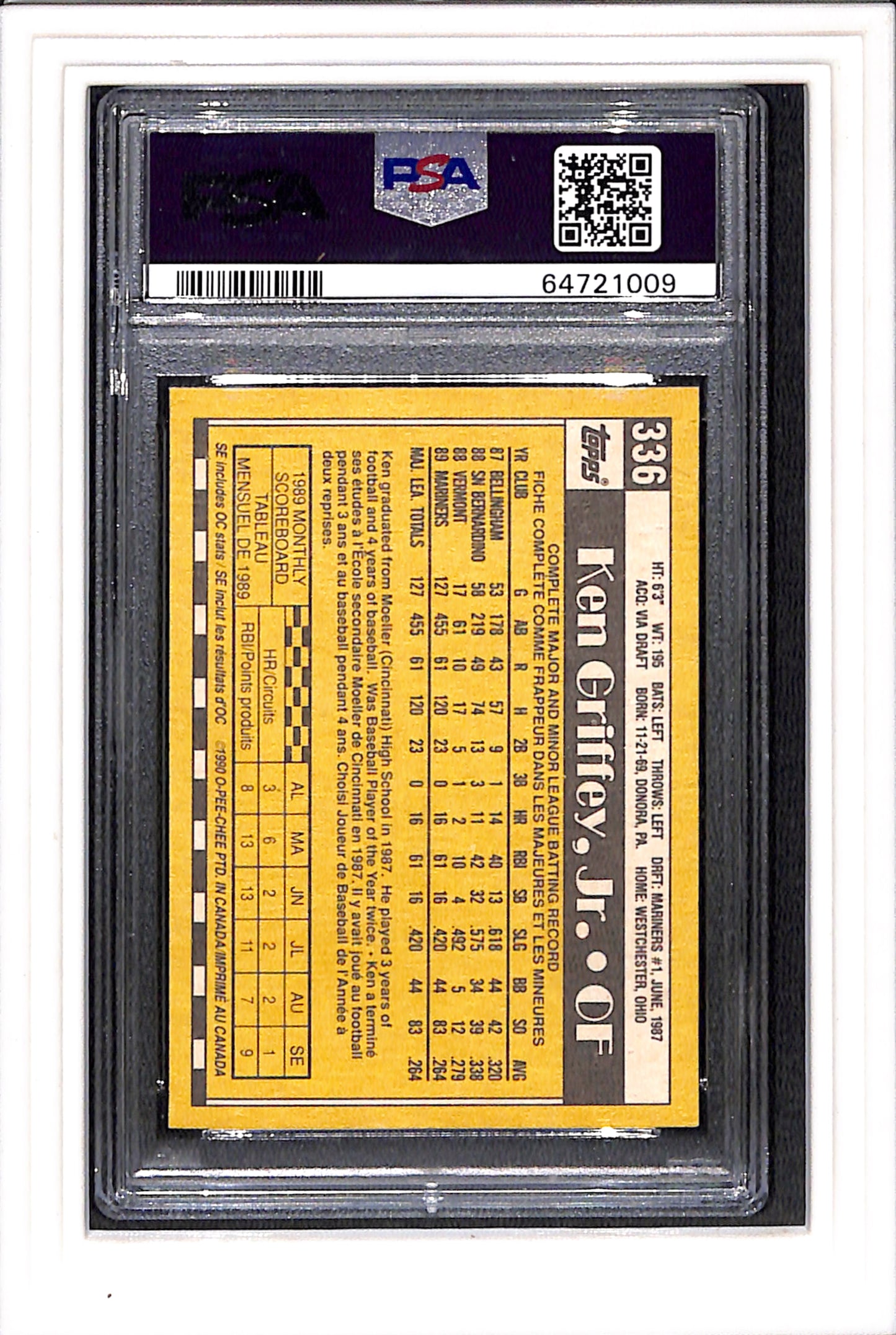 1990 O-Pee-Chee #336 Ken Griffey Jr PSA 9 SN 64721009