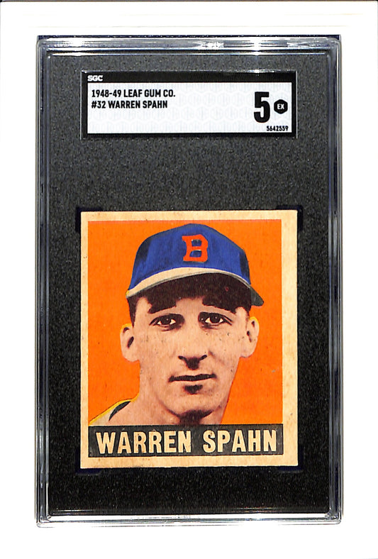 1948 Leaf #32 Warren Spahn RC Rookie HOF SGC 5 SN 5642559