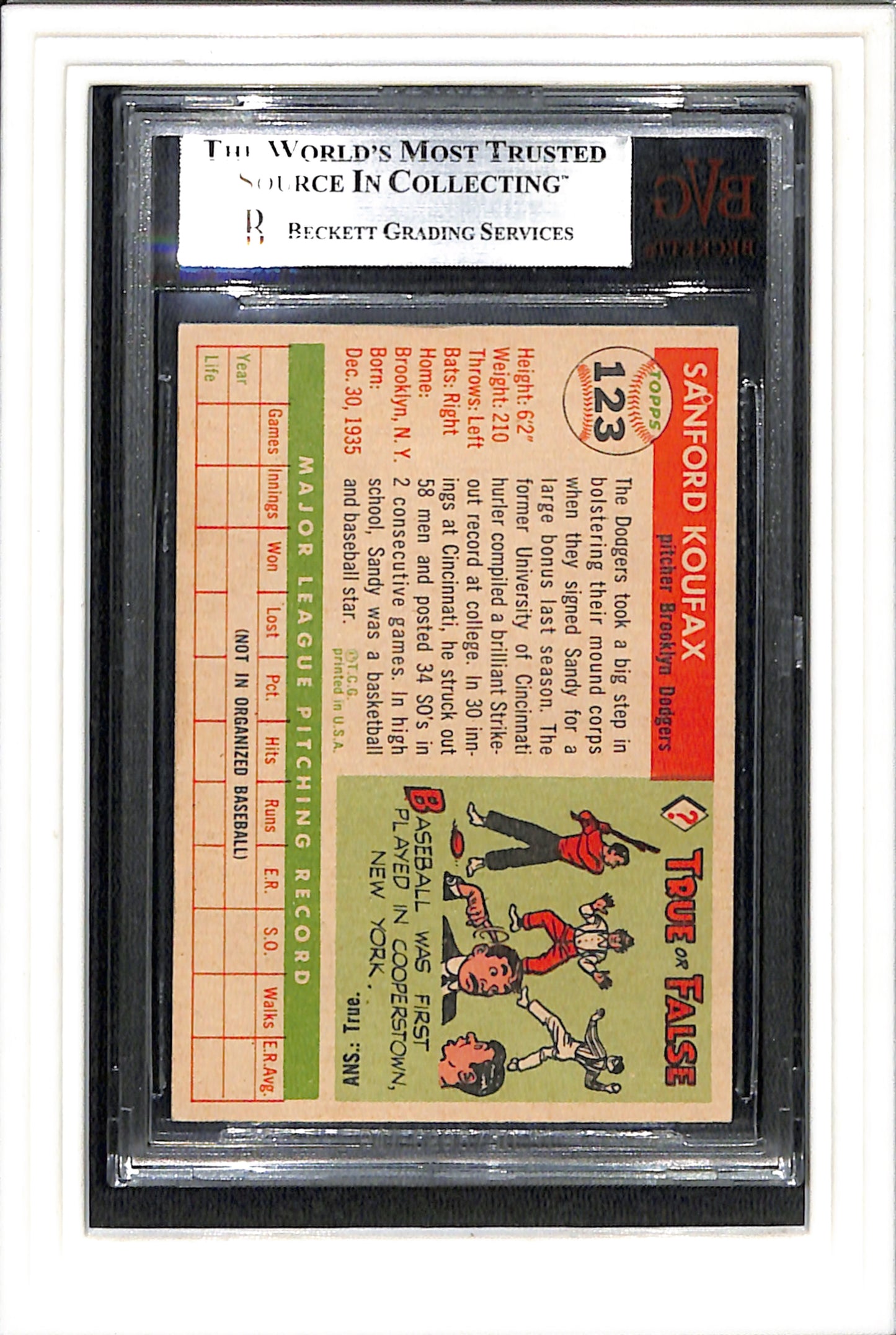 1955 Topps #123 Sandy Koufax RC BVG 6 SN 16009579