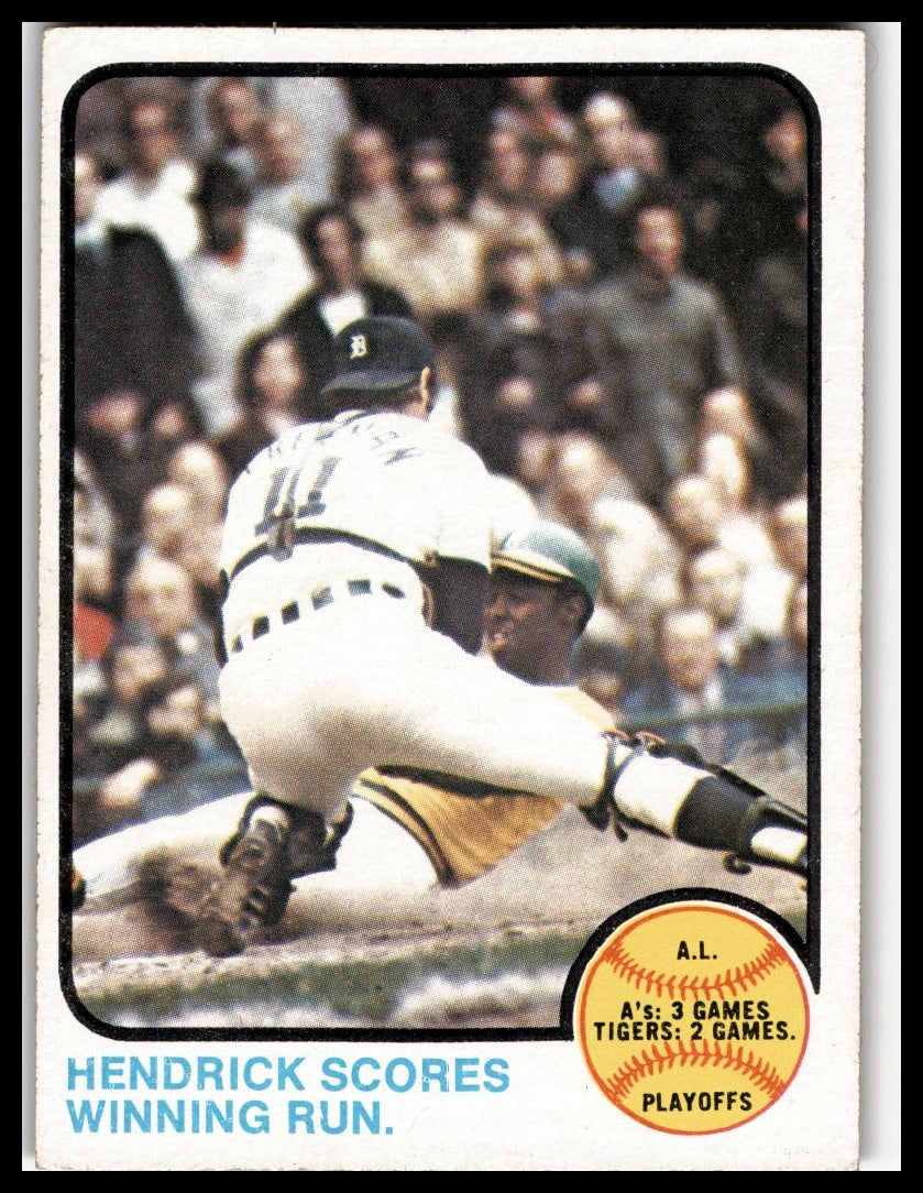 1973 Topps #201 A.L. Playoffs: Hendrick Scores Winning Run