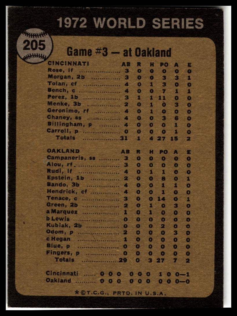 1973 Topps #205 World Series Game No. 3: Reds Win Squeaker