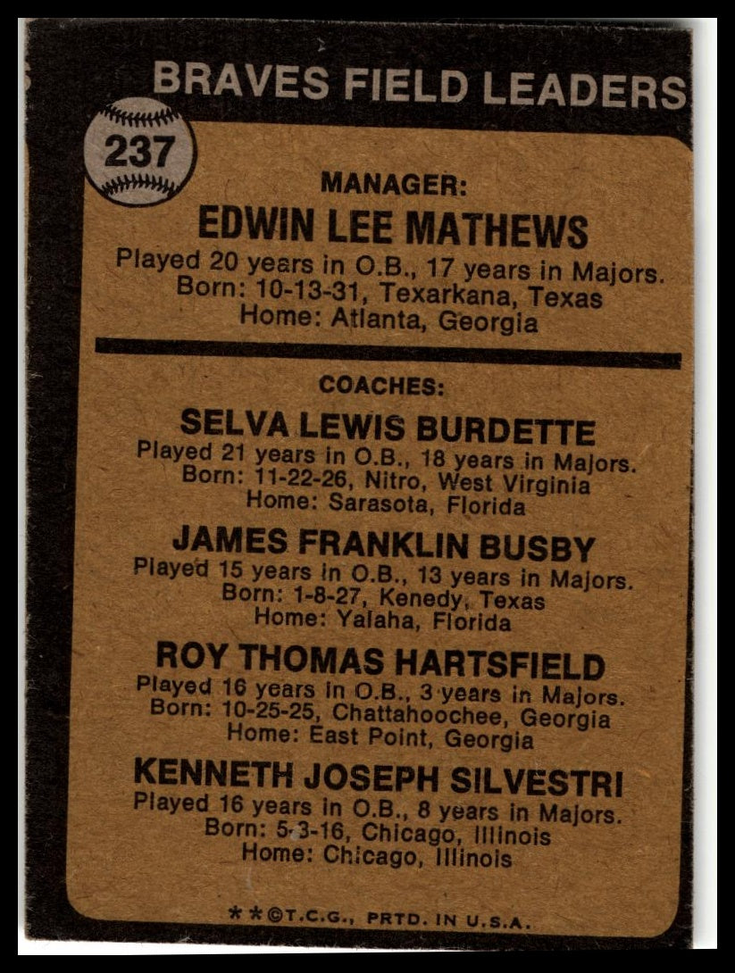 1973 Topps #237 Braves Field Leaders Eddie Mathews / Lew Burdette