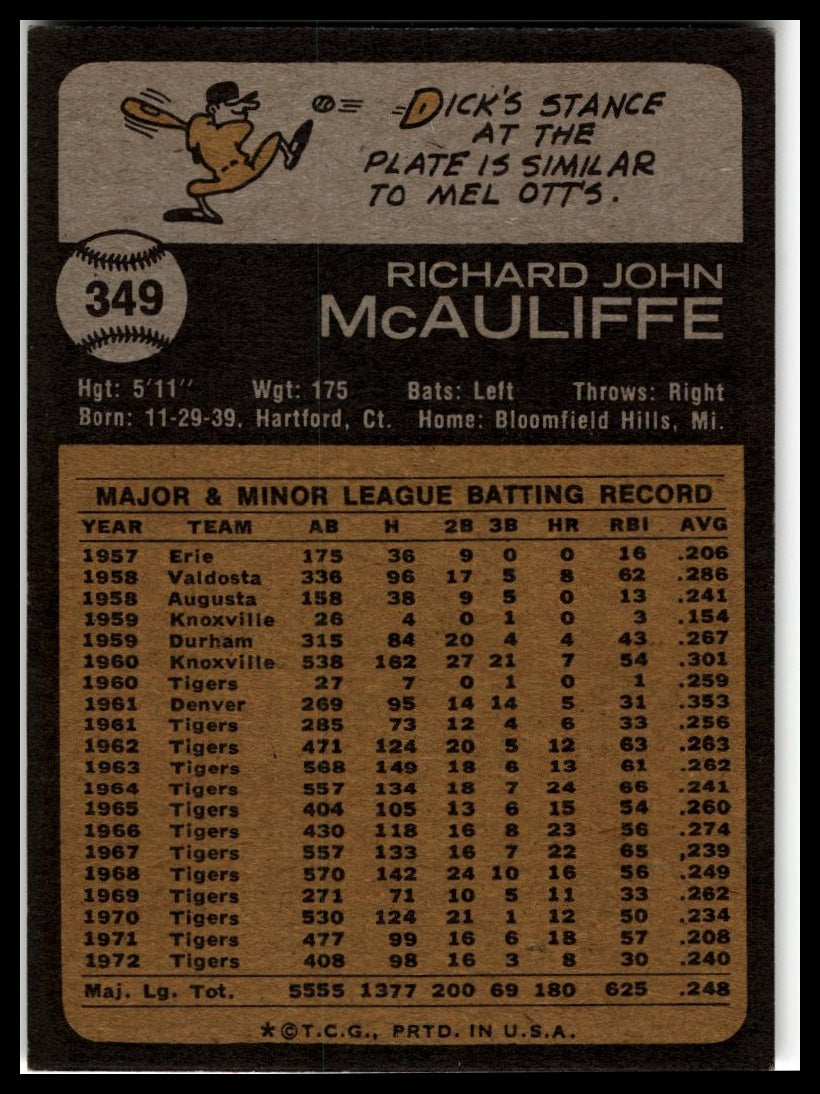 1973 Topps #349 Dick McAuliffe