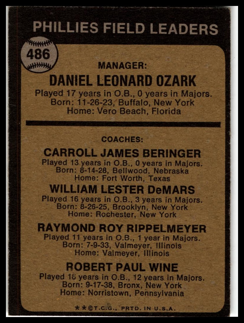 1973 Topps #486 Phillies Field Leaders