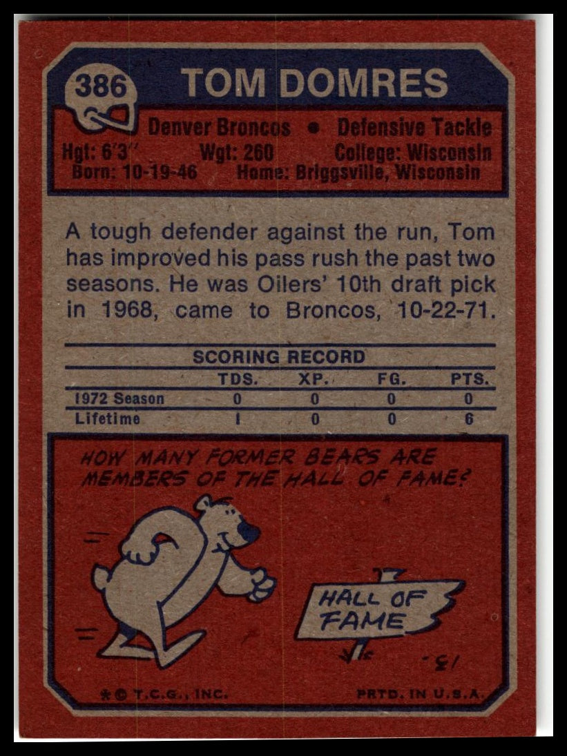 1973 Topps #386 Tom Domres Excellent