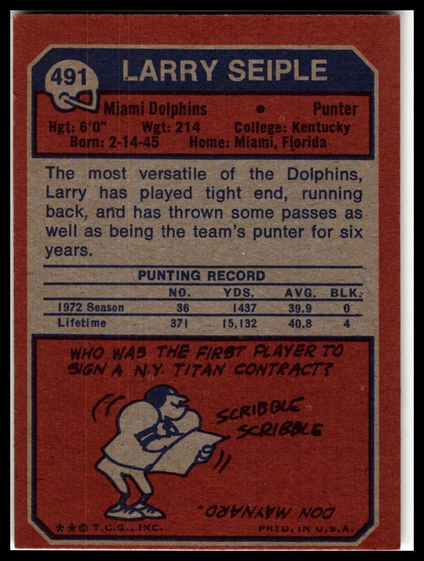 1973 Topps #491 Larry Seiple Excellent