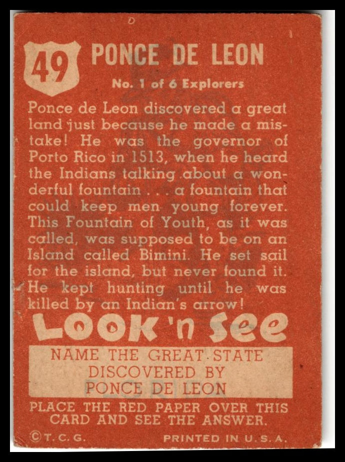 1952 Topps Look 'n See (R714-16) #49 Ponce De Leon Very Good