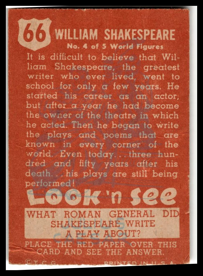 1952 Topps Look 'n See (R714-16) #66 William Shakespeare Excellent
