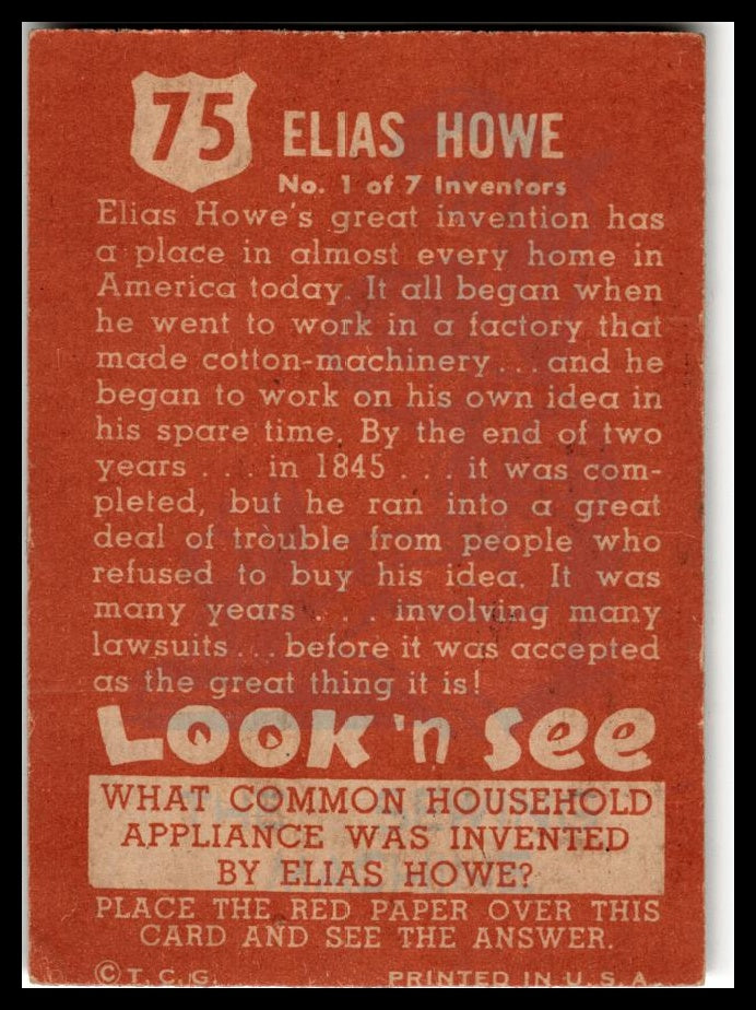 1952 Topps Look 'n See (R714-16) #75 Elias Howe Excellent