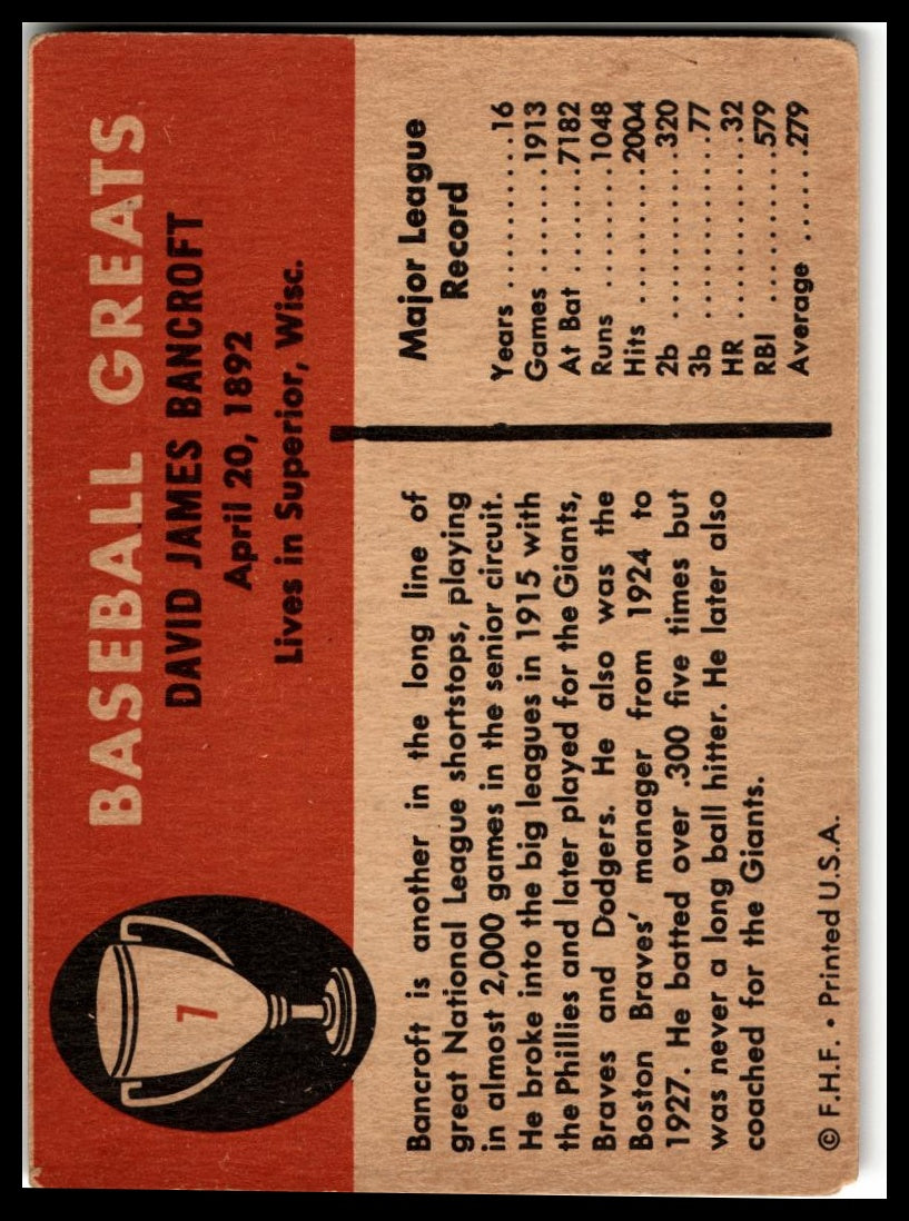 1961 Fleer Baseball Greats (F418-3) #7 Dave Bancroft Very Good