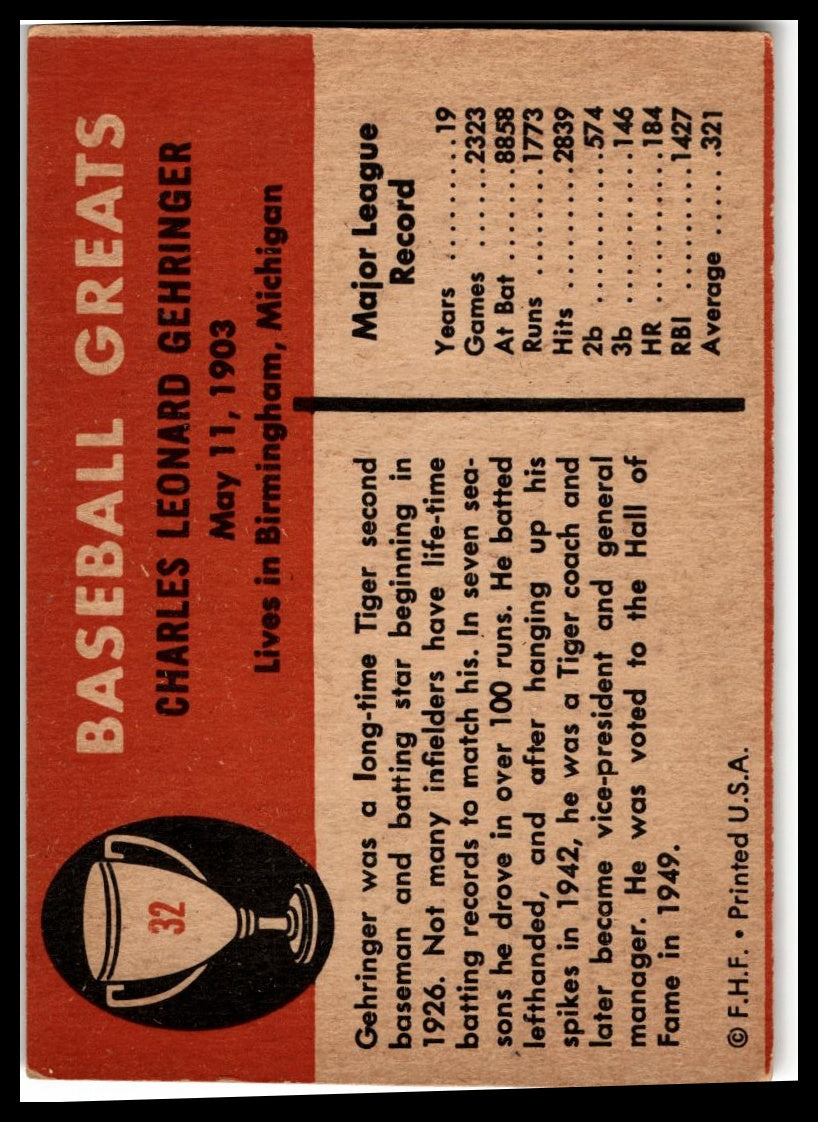 1961 Fleer Baseball Greats (F418-3) #32 Charlie Gehringer Very Good