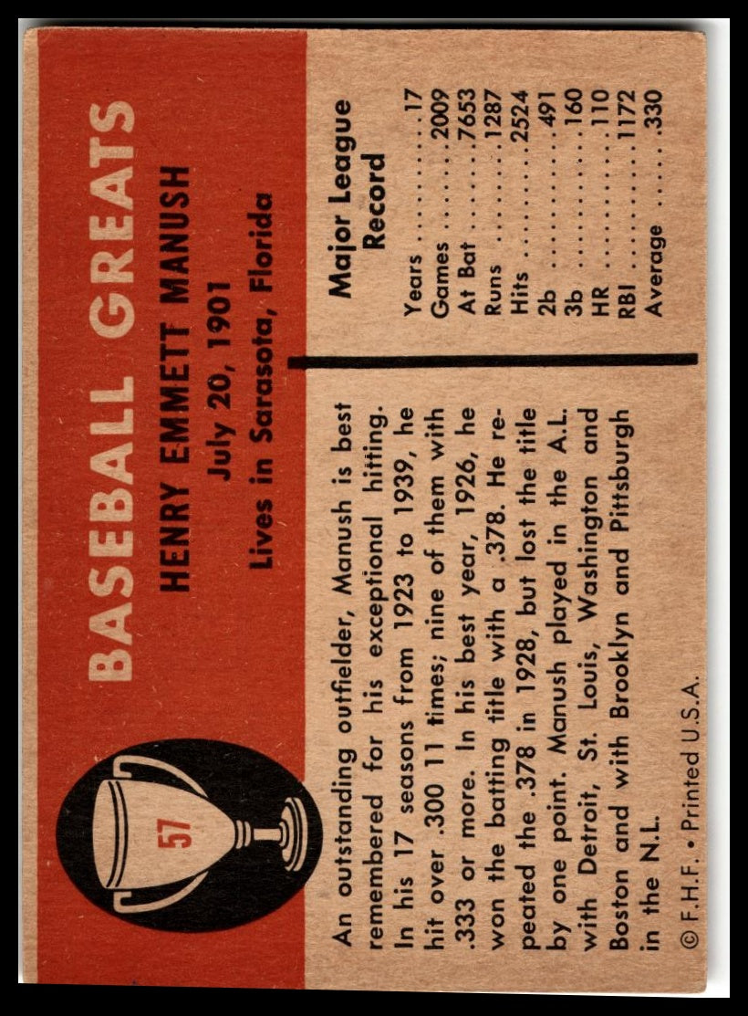 1961 Fleer Baseball Greats (F418-3) #57 Heinie Manush Very Good