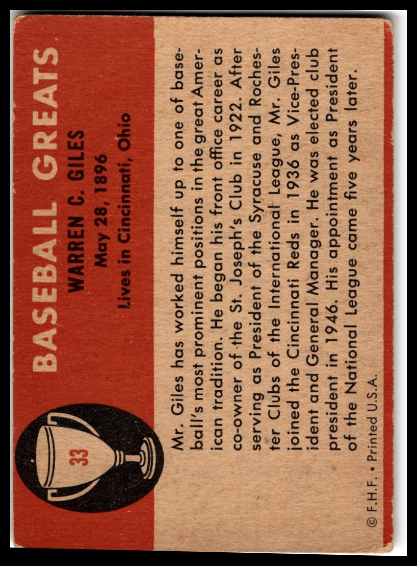 1961 Fleer Baseball Greats (F418-3) #33 Warren Giles Very Good