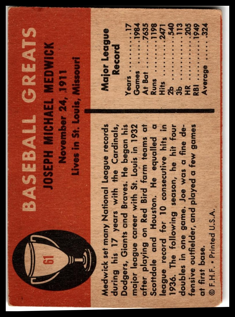 1961 Fleer Baseball Greats (F418-3) #61 Joe Medwick Very Good