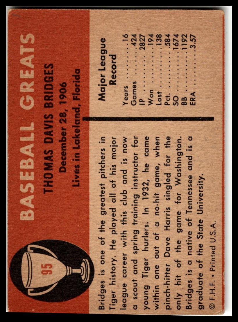 1961 Fleer Baseball Greats (F418-3) #95 Tommy Bridges Very Good