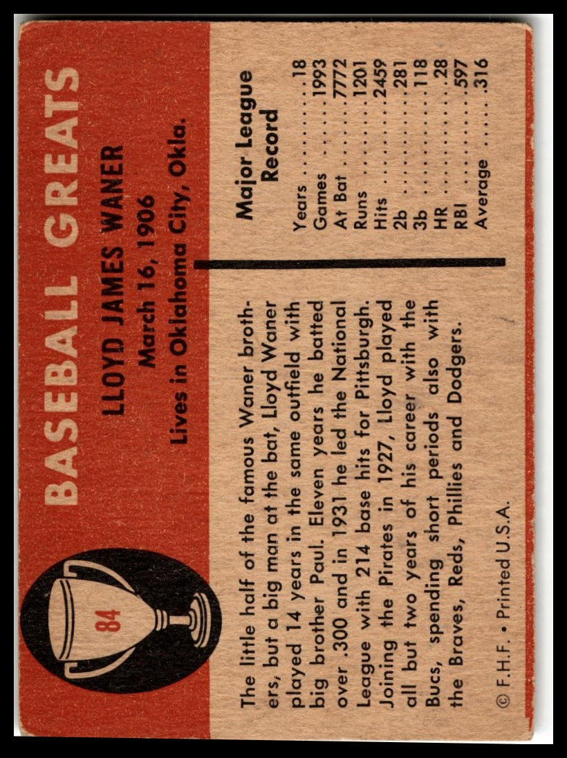 1961 Fleer Baseball Greats (F418-3) #84 Lloyd Waner Very Good