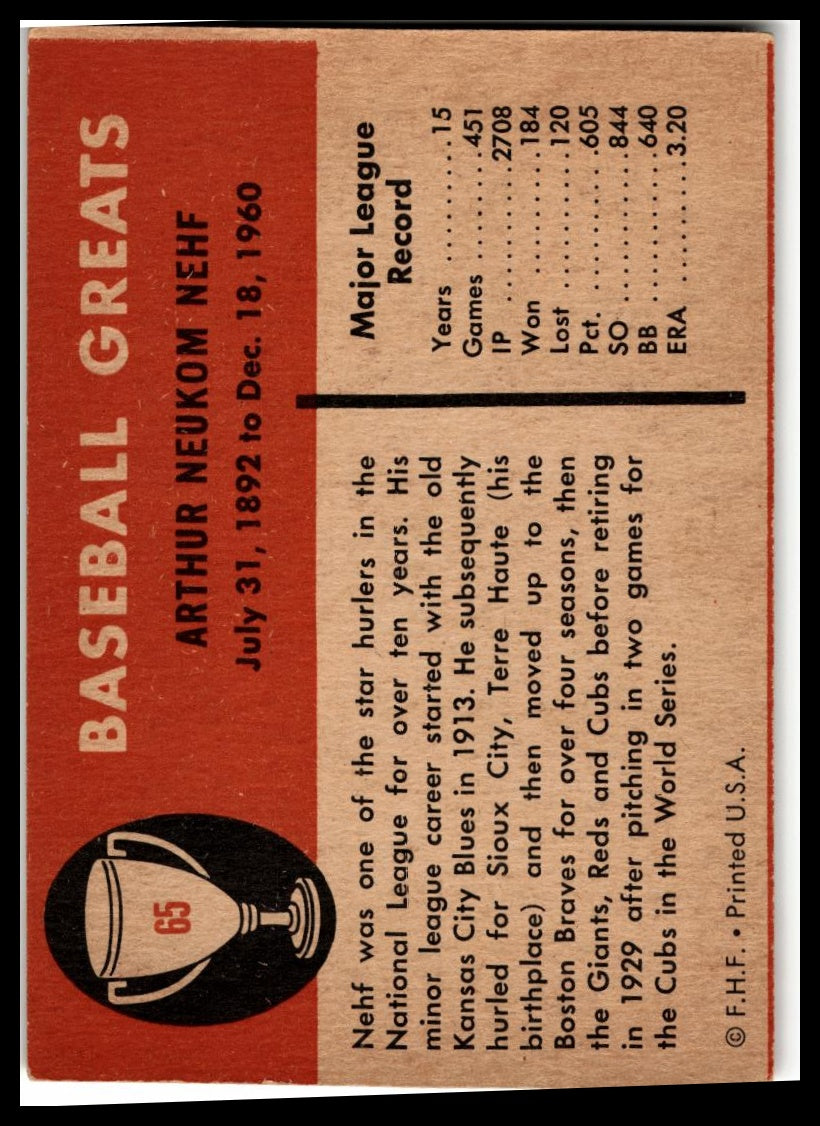 1961 Fleer Baseball Greats (F418-3) #65 Art Nehf Very Good
