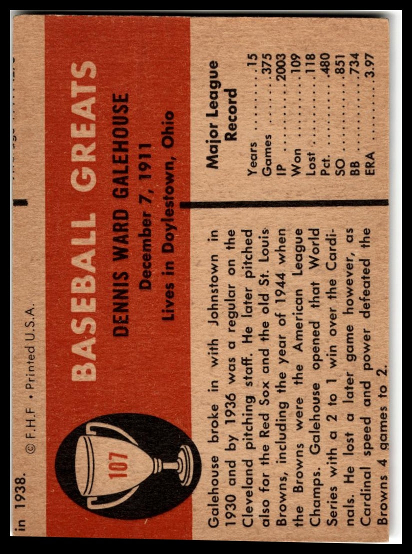 1961 Fleer Baseball Greats (F418-3) #107 Dennis Galehouse Very Good