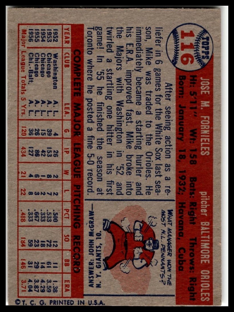 1957 Topps #116 Mike Fornieles Very Good