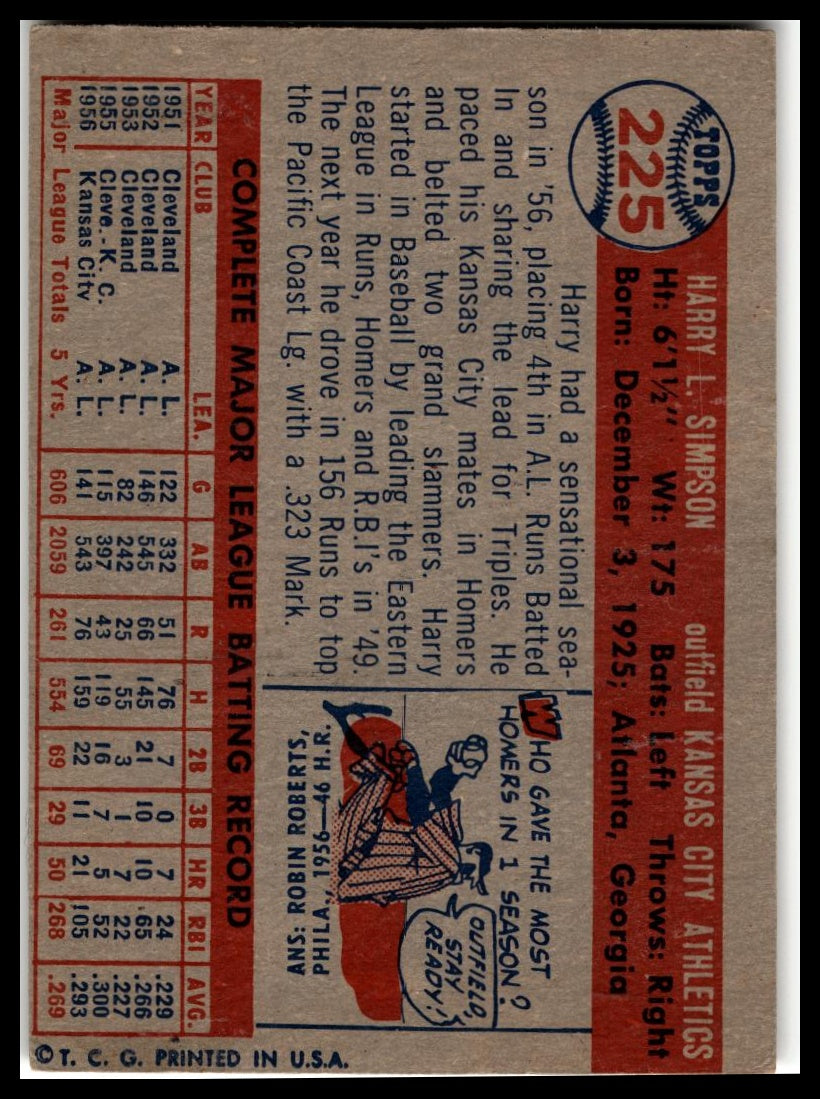 1957 Topps #225 Harry Simpson Very Good