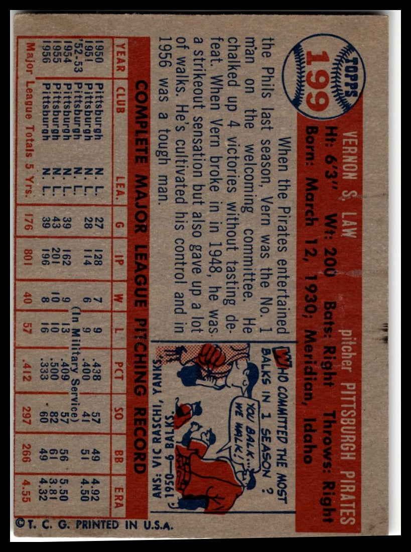 1957 Topps #199 Vernon Law Very Good