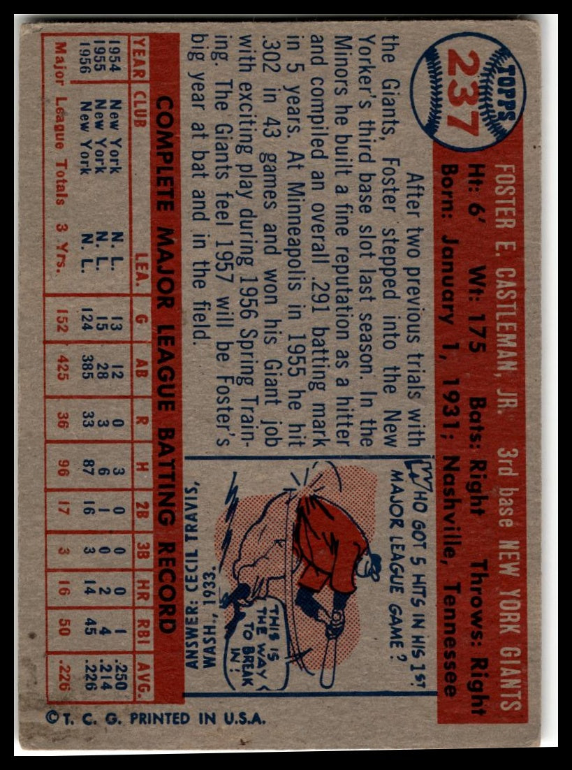 1957 Topps #237 Foster Castleman Very Good
