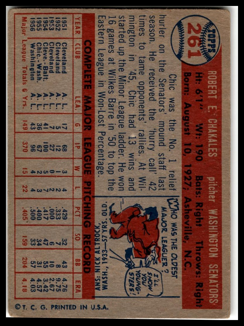 1957 Topps #261 Bob Chakales Very Good