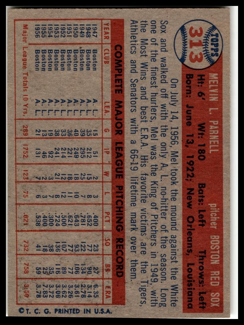 1957 Topps #313 Mel Parnell Very Good