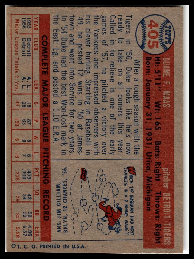 1957 Topps #405 Duke Maas Very Good