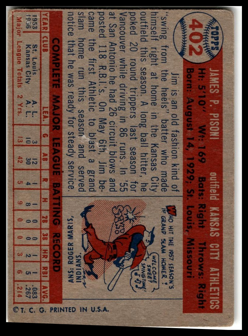 1957 Topps #402 Jim Pisoni Very Good