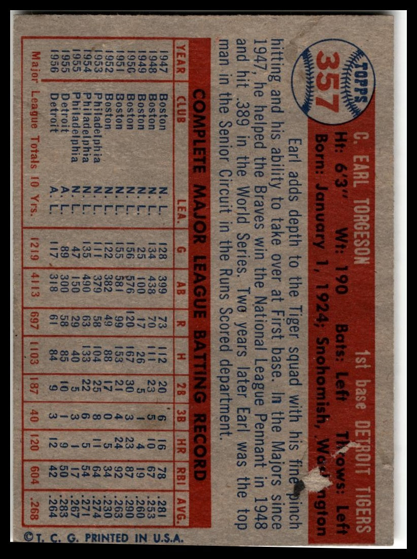 1957 Topps #357 Earl Torgeson Very Good