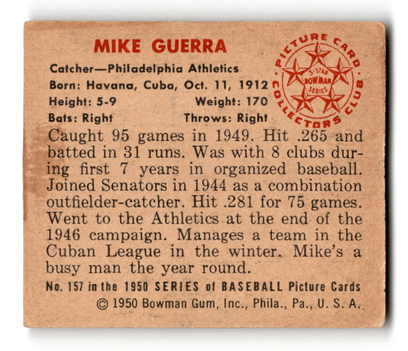 1950 Bowman #157 Mike Guerra - Philadelphia Athletics VG